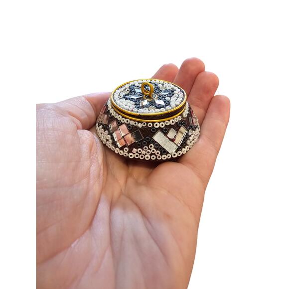 Vintage Trinket Pill Dish Purple Glitter Mirrored & Beaded Made In India - Picture 5 of 5